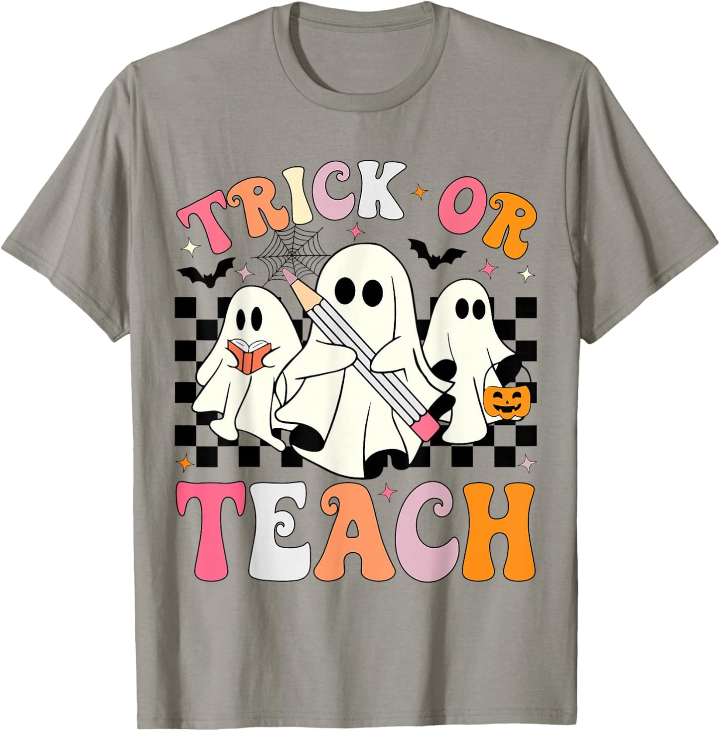 Trick or Teach Groovy Halloween Teacher Ghosts Retro Teacher T-Shirt - T-Shirt | Sand