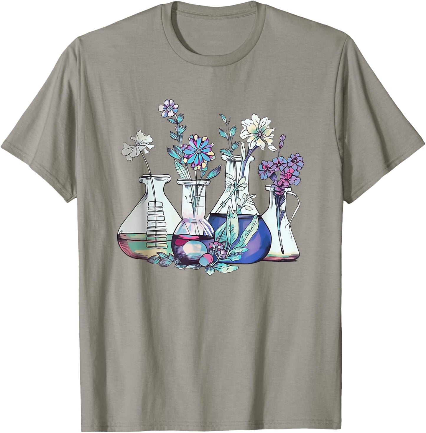 Floral Beakers Laboratory Chemistry Lab Scientist Lab Tech T-Shirt - T-Shirt | Sand