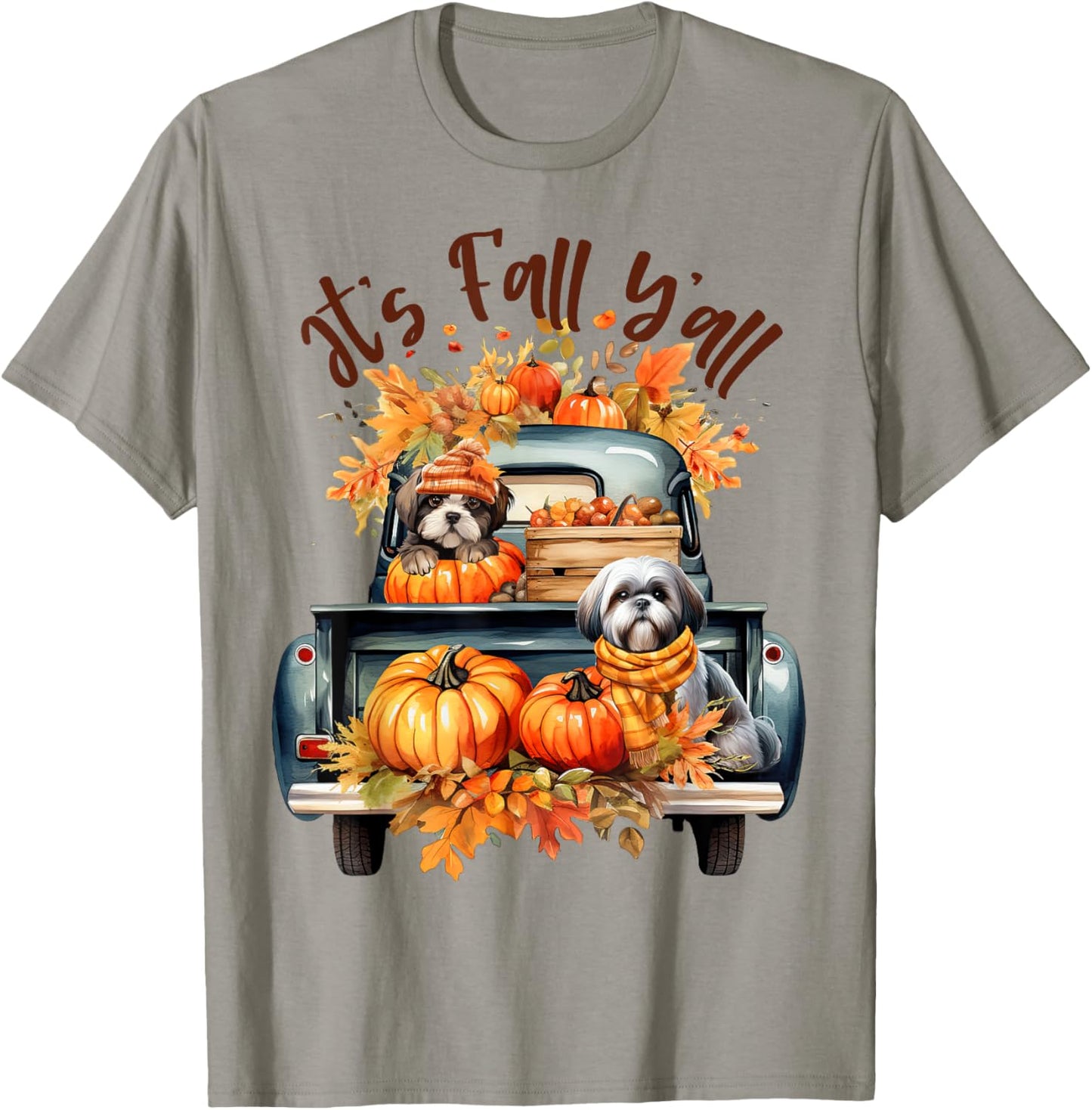 It’s Fall Y’all Shih Tzu Dogs Pumpkins Truck Autumn Season T-Shirt - T-Shirt | Sand