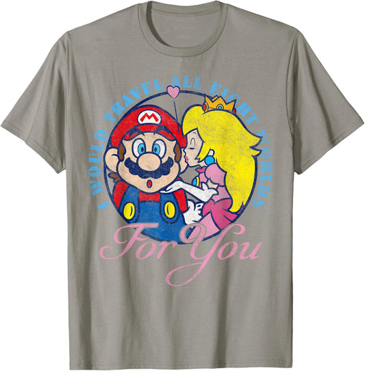 Super Mario Peach & Mario Eight Worlds For You T-Shirt - T-Shirt | Sand