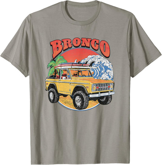 Ford - Yellow Bronco SUV Beach Surfboards And Ocean Wave T-Shirt - T-Shirt | Sand