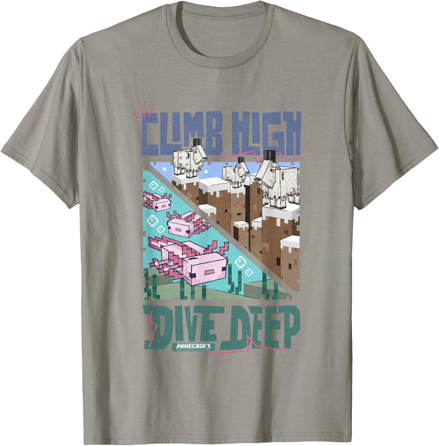Minecraft Climb High Dive Deep Goats & Axolotls Panels T-Shirt - T-Shirt | Sand