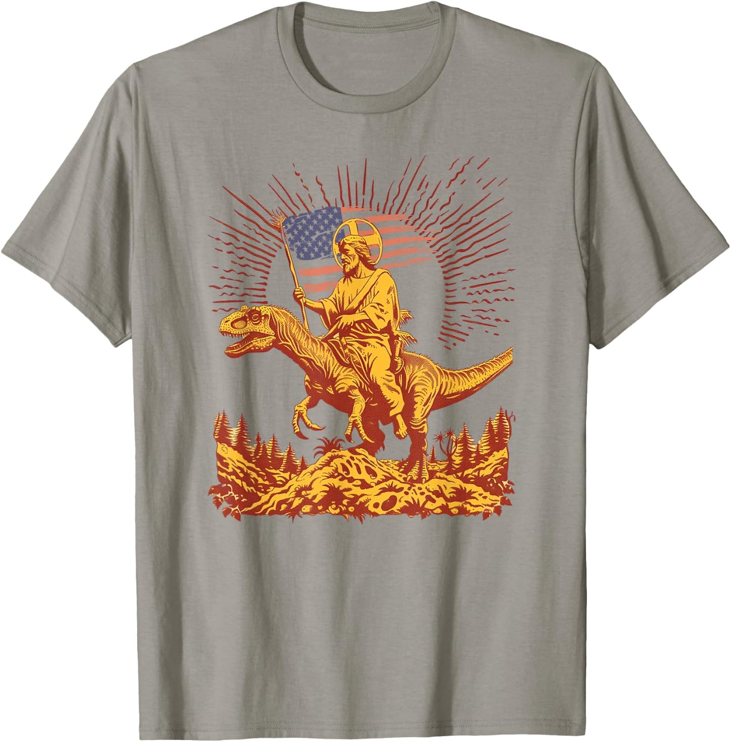 Jesus Riding Raptor Dinosaur USA Flag Funny Weird Patriotic T-Shirt - T-Shirt | Sand