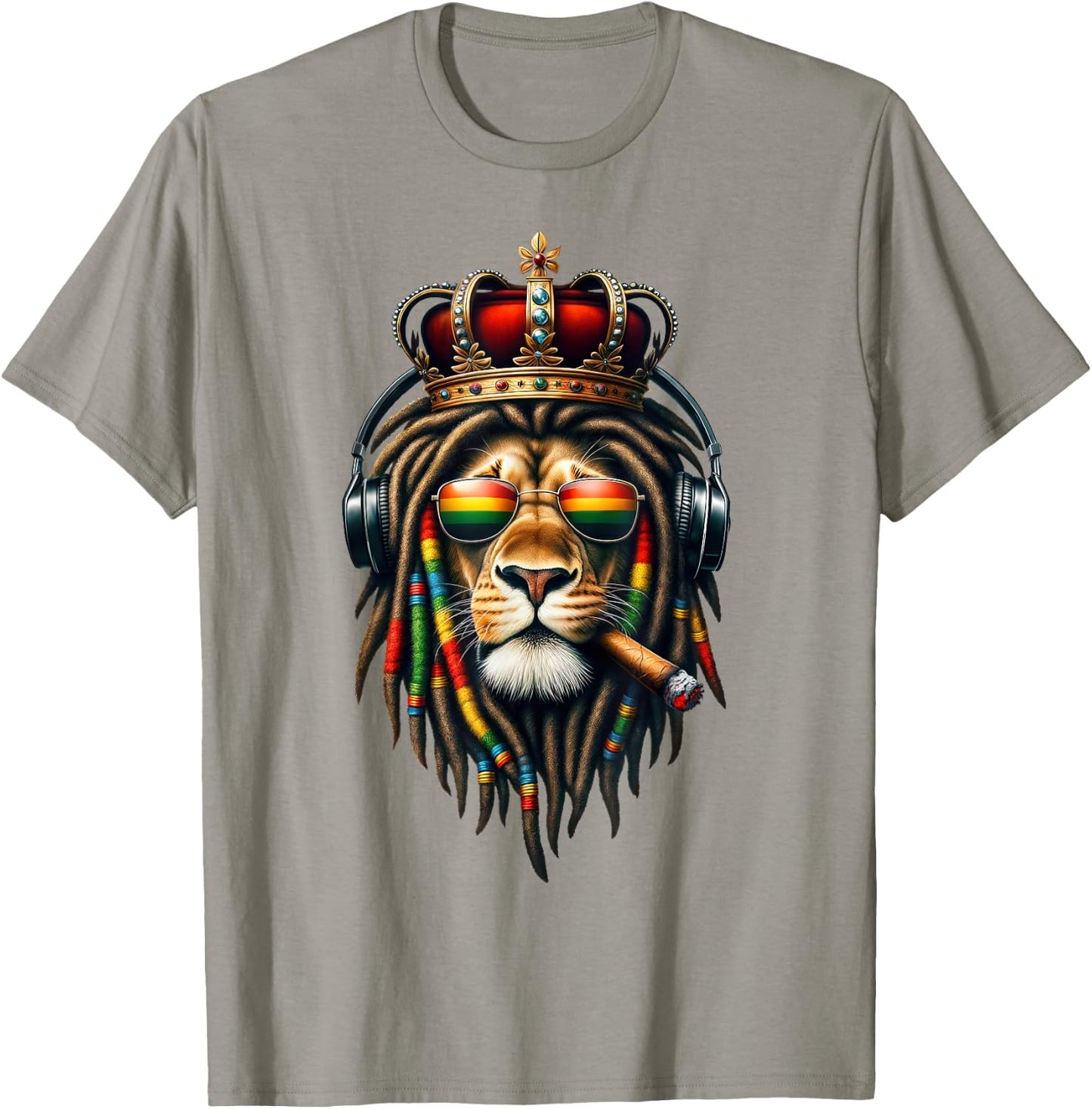 King Rasta Reggae Rastafarian Music Headphones Lion of Judah T-Shirt - T-Shirt | Sand