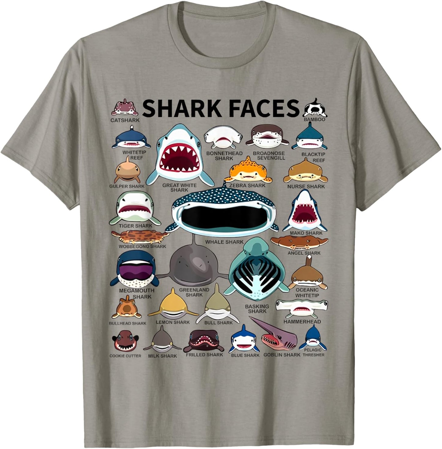 Shark Faces - Type of Shark - Shark Faces of All Kinds T-Shirt - T-Shirt | Sand