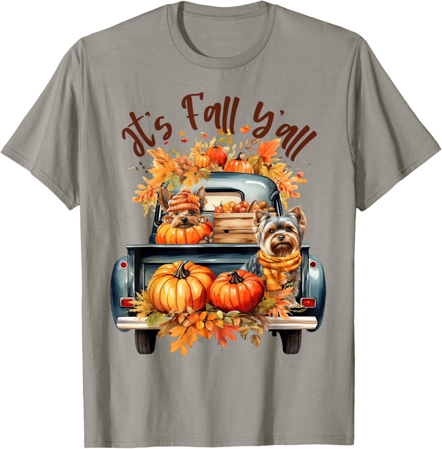 It’s Fall Y’all Yorkie Dogs Pumpkins Truck Autumn Season T-Shirt - T-Shirt | Sand