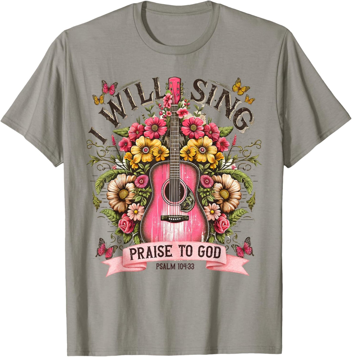 I Will Sing Praise to God Psalm 104:33 Christian Boho Guitar T-Shirt - T-Shirt | Sand