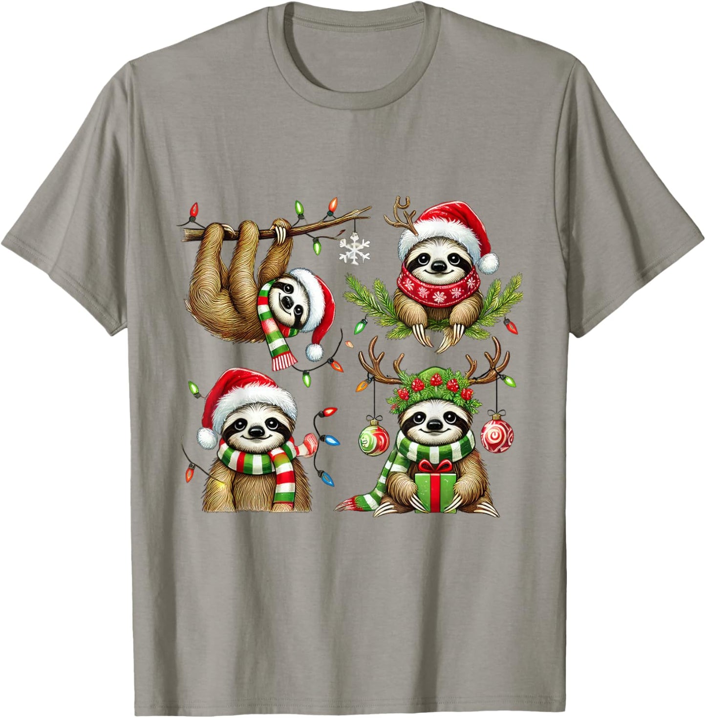 Santa Sloth Christmas Lights Funny Holiday Sloth Lover Gift T-Shirt - T-Shirt | Sand