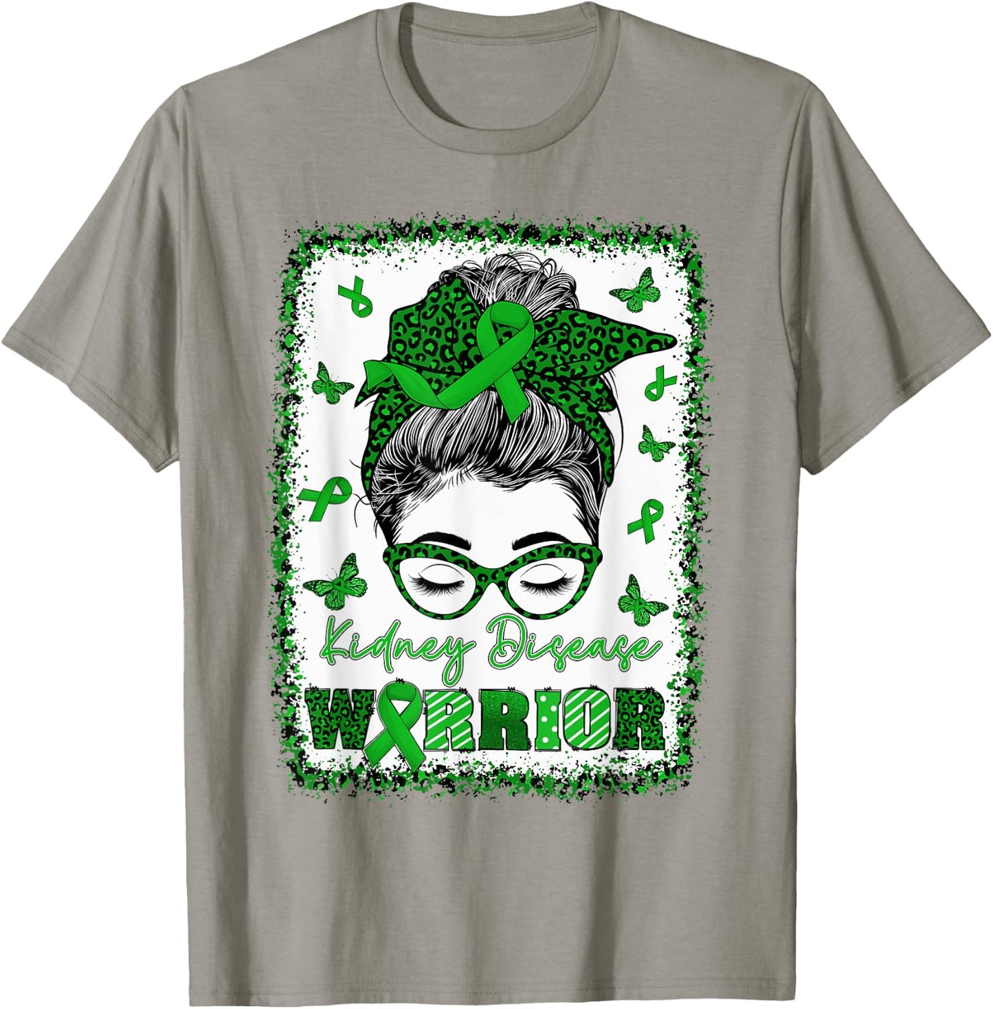 Messy Bun Bandana Woman Green Ribbon Kidney Disease Warrior T-Shirt - T-Shirt | Sand