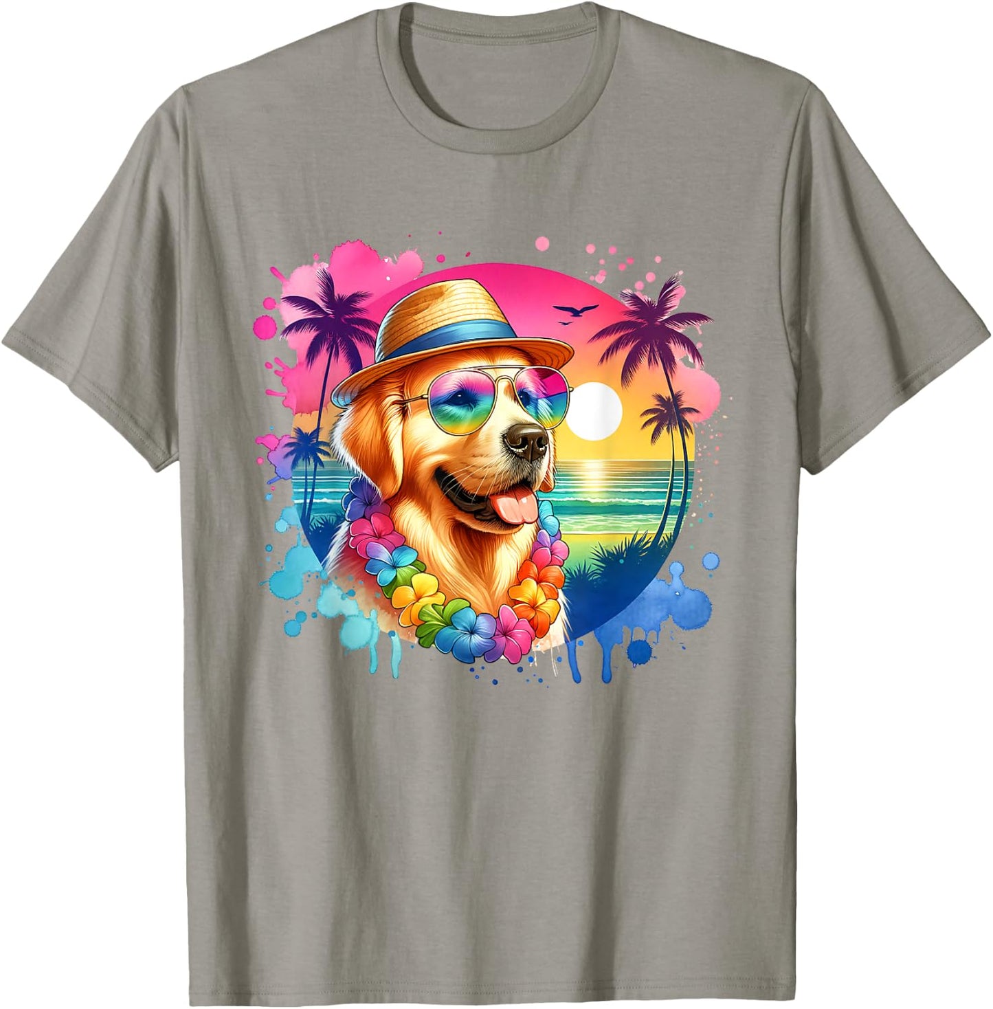 Hawaiian Golden Retriever Dog Watercolor Tropical Summer Men Women Girls Kids T-Shirt - T-Shirt | Sand