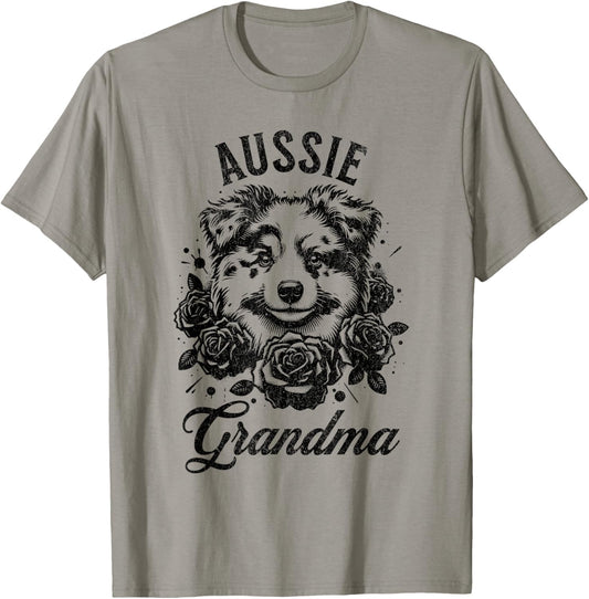 Aussie Light Red Merle Australian Shepherd Grandma Flowers T-Shirt - T-Shirt | Sand