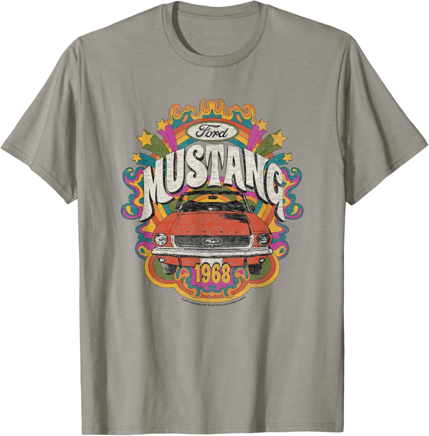 Ford - Vintage Red Mustang 1968 Rainbow Background Stars T-Shirt - T-Shirt | Sand