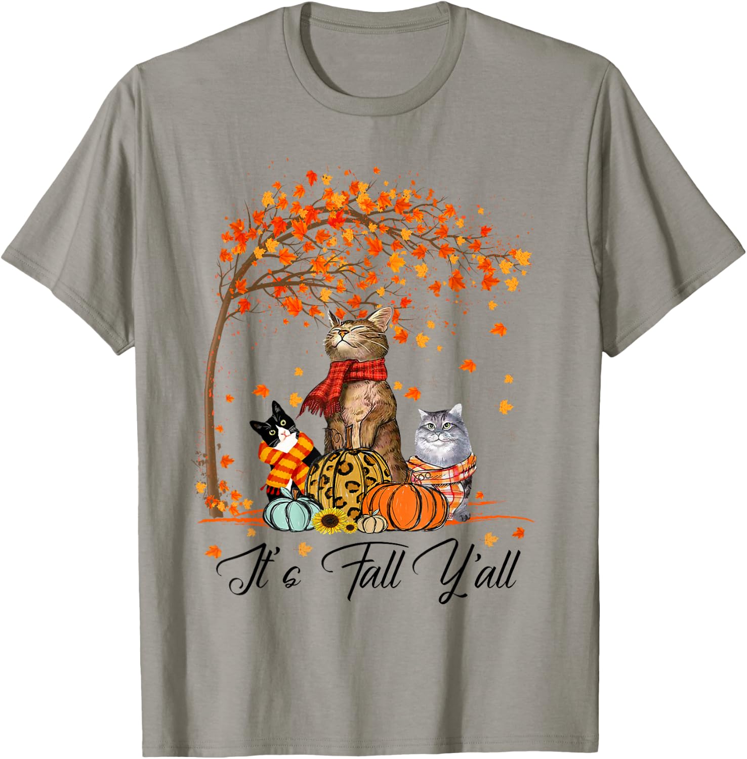 Cat It’s Fall Y’all Pumpkins Autumn Halloween Cat Fall Gifts T-Shirt - T-Shirt | Sand