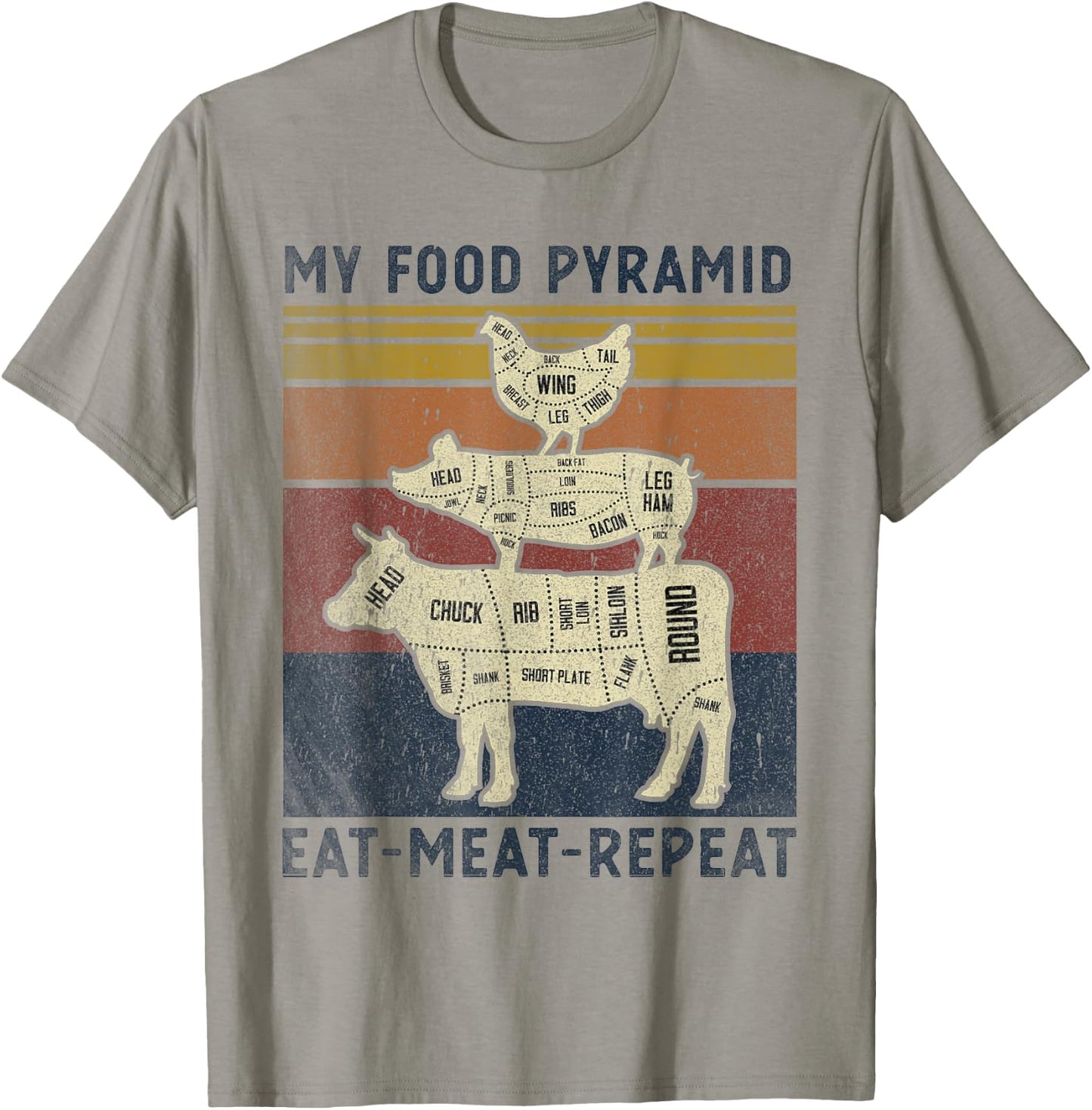 My Food Pyramid Eat Meat Repeat Retro Vintage Funny BBQ Joke T-Shirt - T-Shirt | Sand
