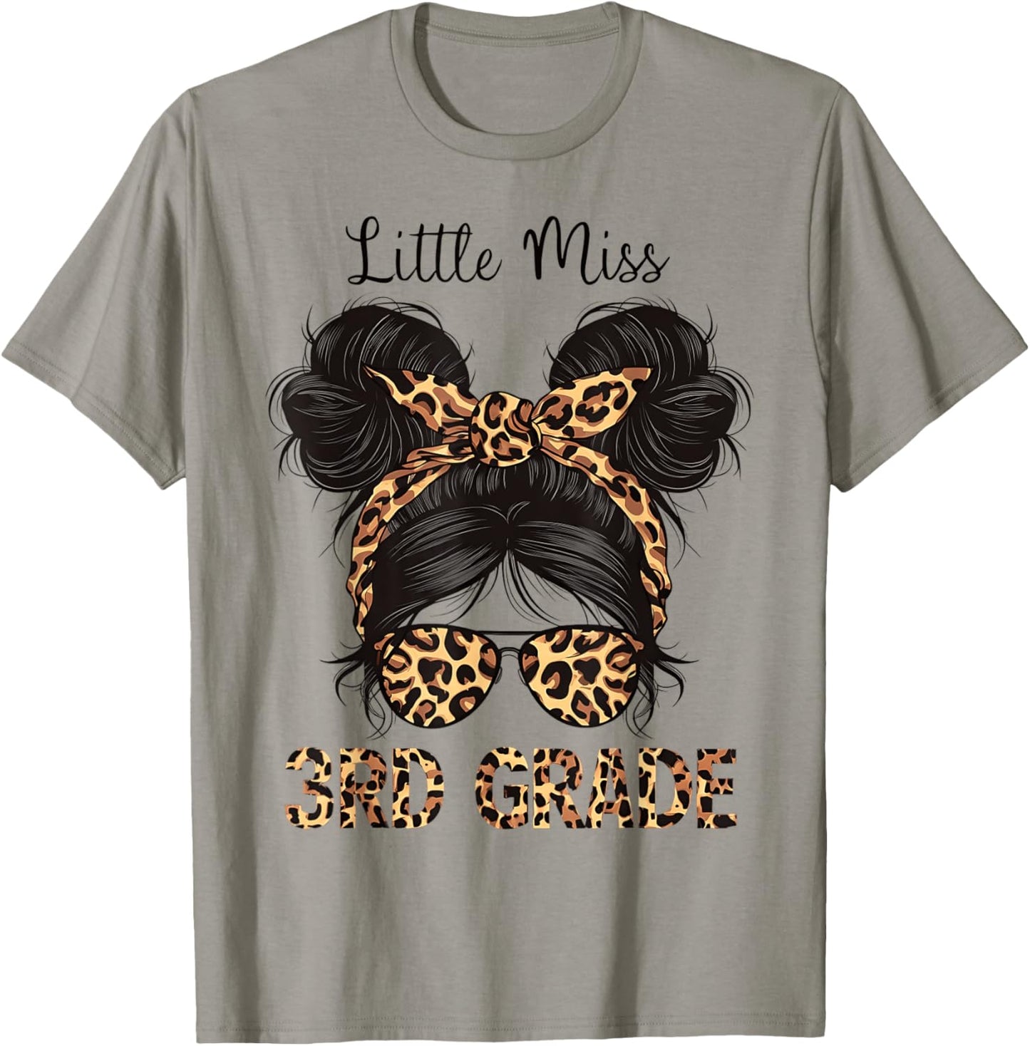 Hello 3rd Grade Messy Hair Bun Girl Leopard Back To School T-Shirt - T-Shirt | Sand