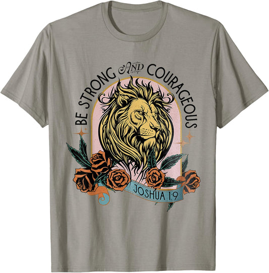 Be Strong & Courageous Joshua 1:9 Jesus Christian Lion Judah T-Shirt - T-Shirt | Sand