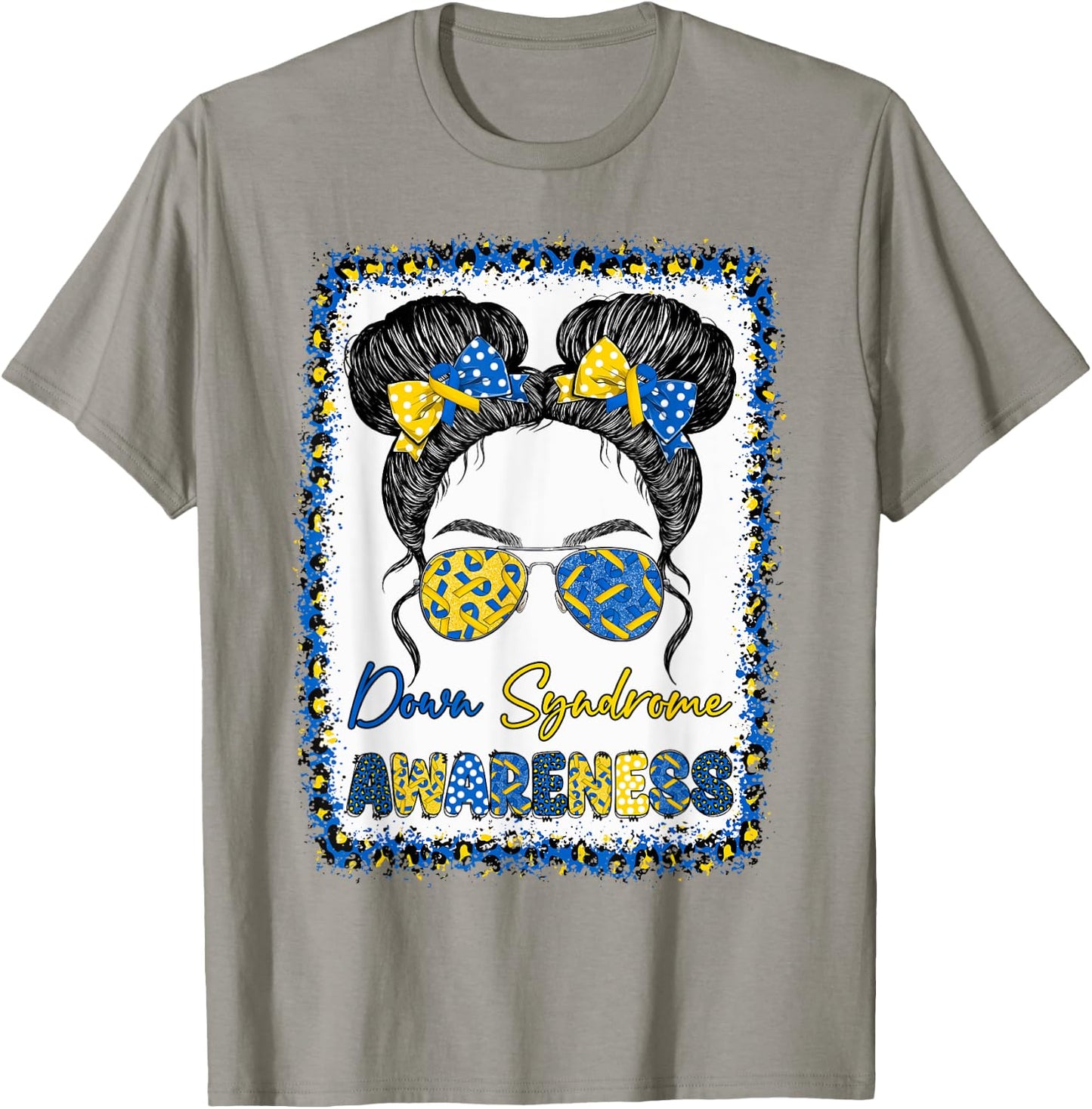 Messy Bun Girl Yellow Blue Bow Ties Sunglasses Down Syndrome T-Shirt - T-Shirt | Sand