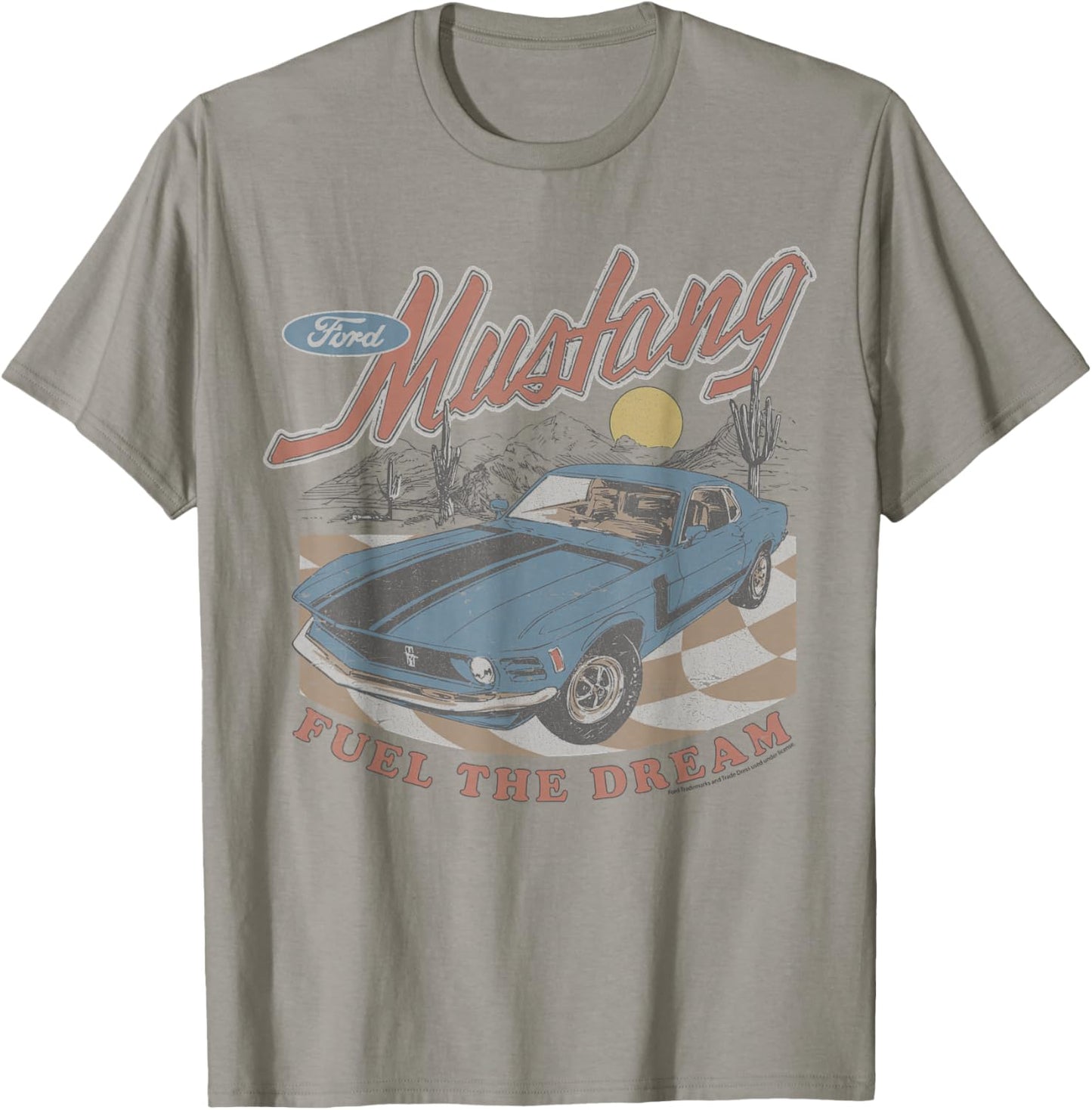 Ford - Mustang Fuel The Dream Blue Car In Desert Landscape T-Shirt - T-Shirt | Sand