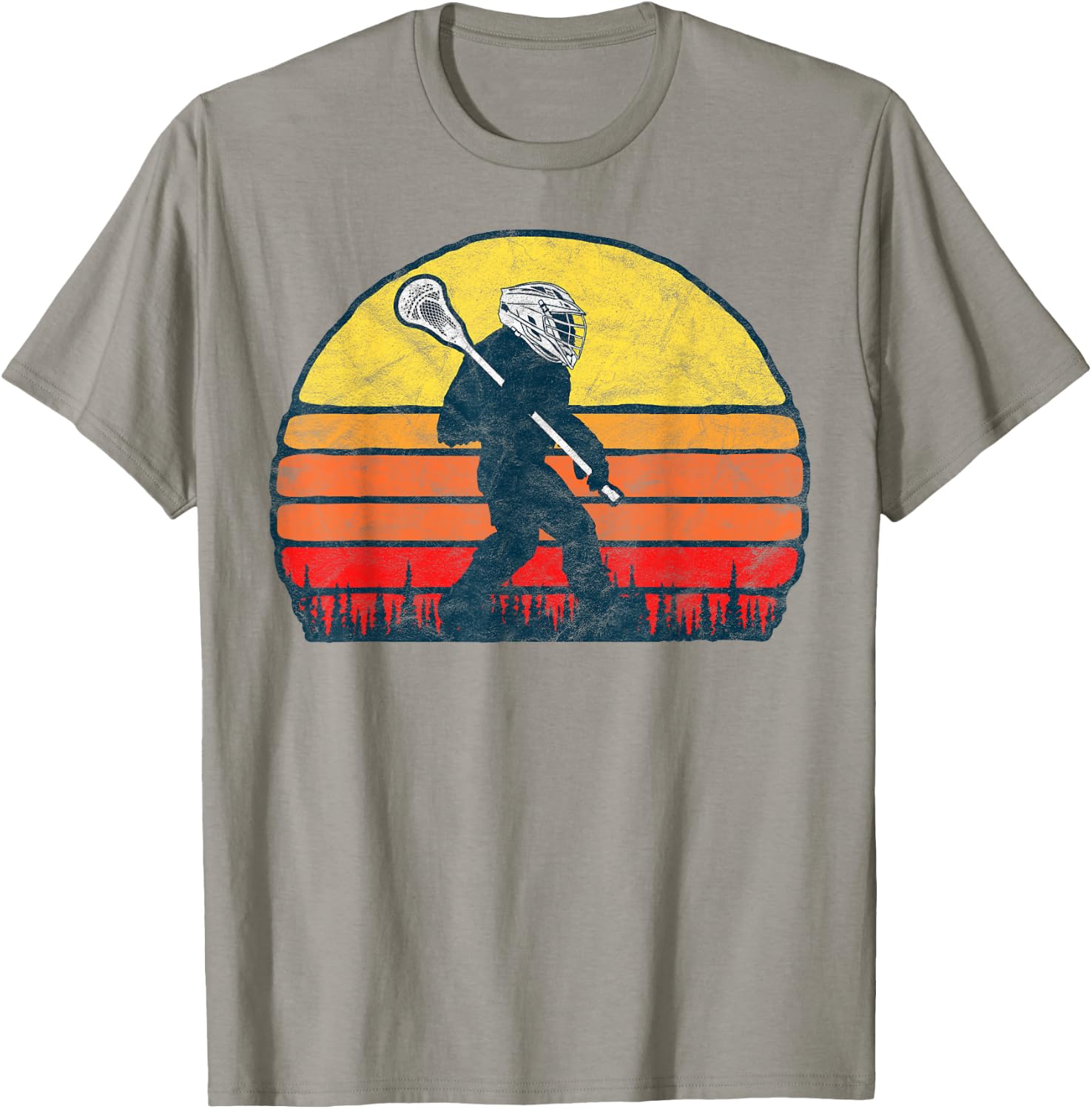 Funny Sasquatch Lax Bigfoot Lacrosse Vintage 80s Sunset T-Shirt - T-Shirt | Sand