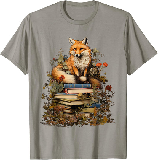 Cottagecore Aesthetic floral Fox with Book cute Goblincore T-Shirt - T-Shirt | Sand