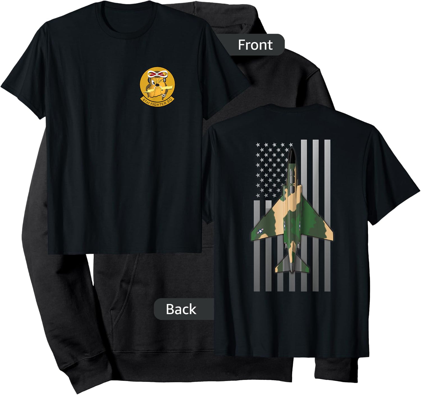 61st Fighter Squadron F-4 Phantom II and US Flag Hoodie - Hoodie | Black
