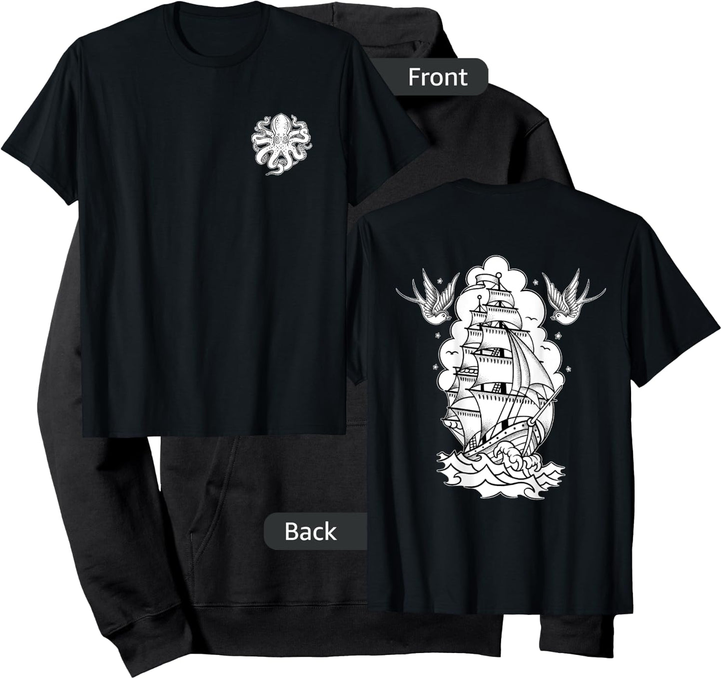 Octopus, Old School Sailor Tattoo Clipper Ship and Swallows Hoodie - Hoodie | Black