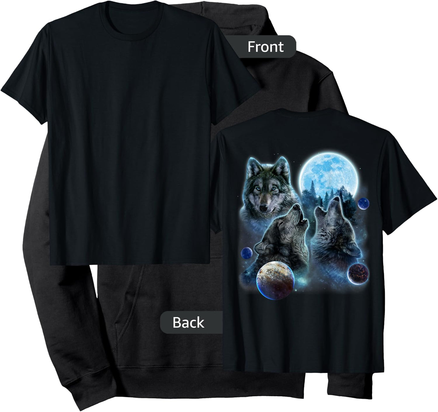 Three Wolf Howling and Moon Hoodie - Hoodie | Black