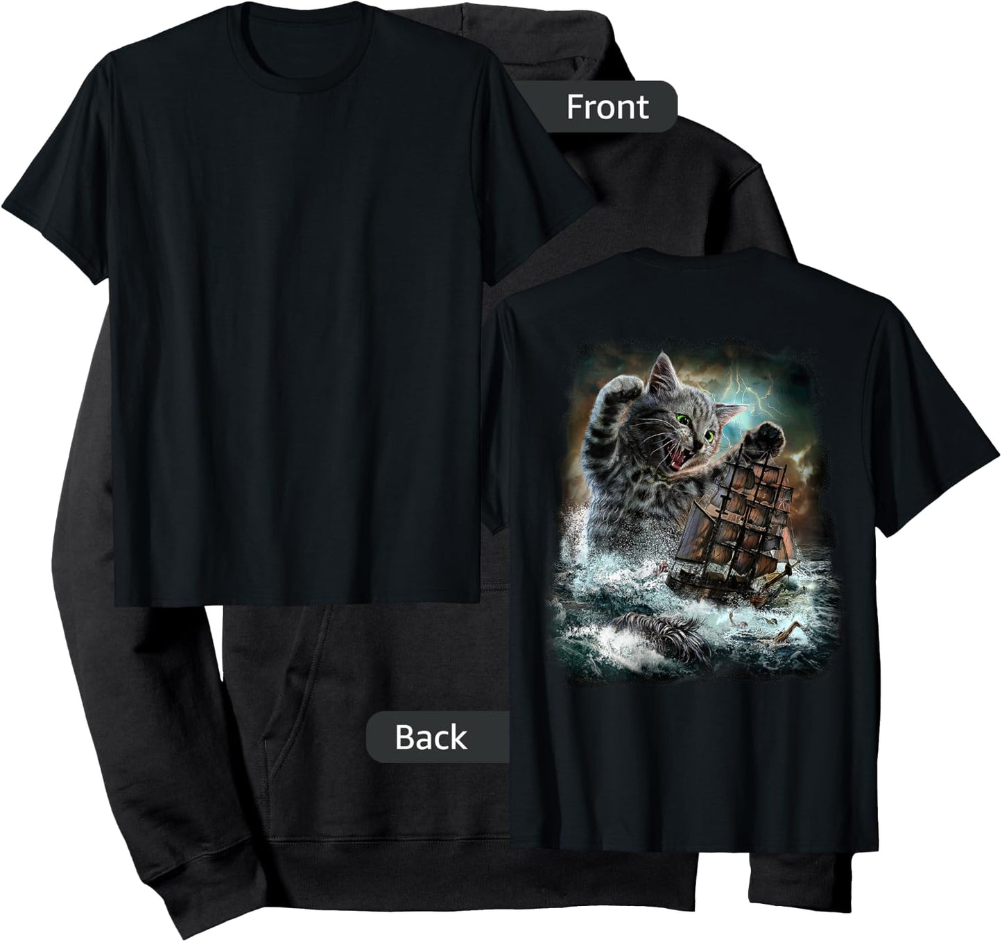 Giant Cat as Kraken Sea Monster Ambush a War Ship in Ocean Hoodie - Hoodie | Black