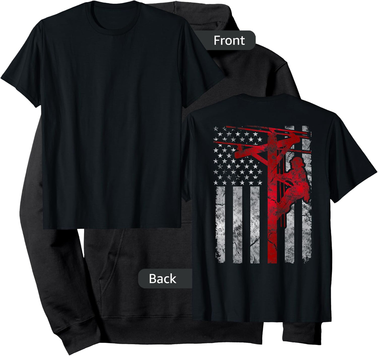 Distressed Patriotic Electric Cable Lineman American Flag Hoodie - Hoodie | Black