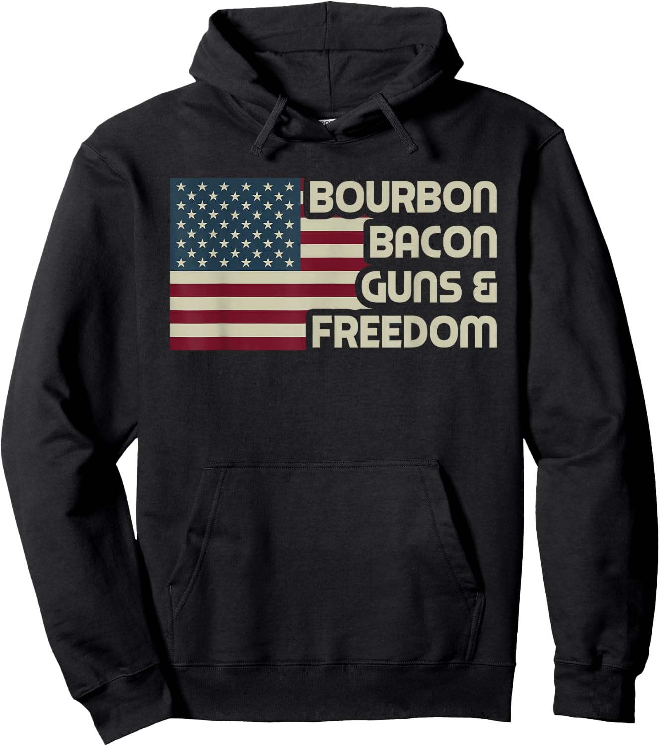 Bourbon Bacon Guns & Freedom USA American Flag Funny Vintage Women Men Hoodie - Hoodie | Black