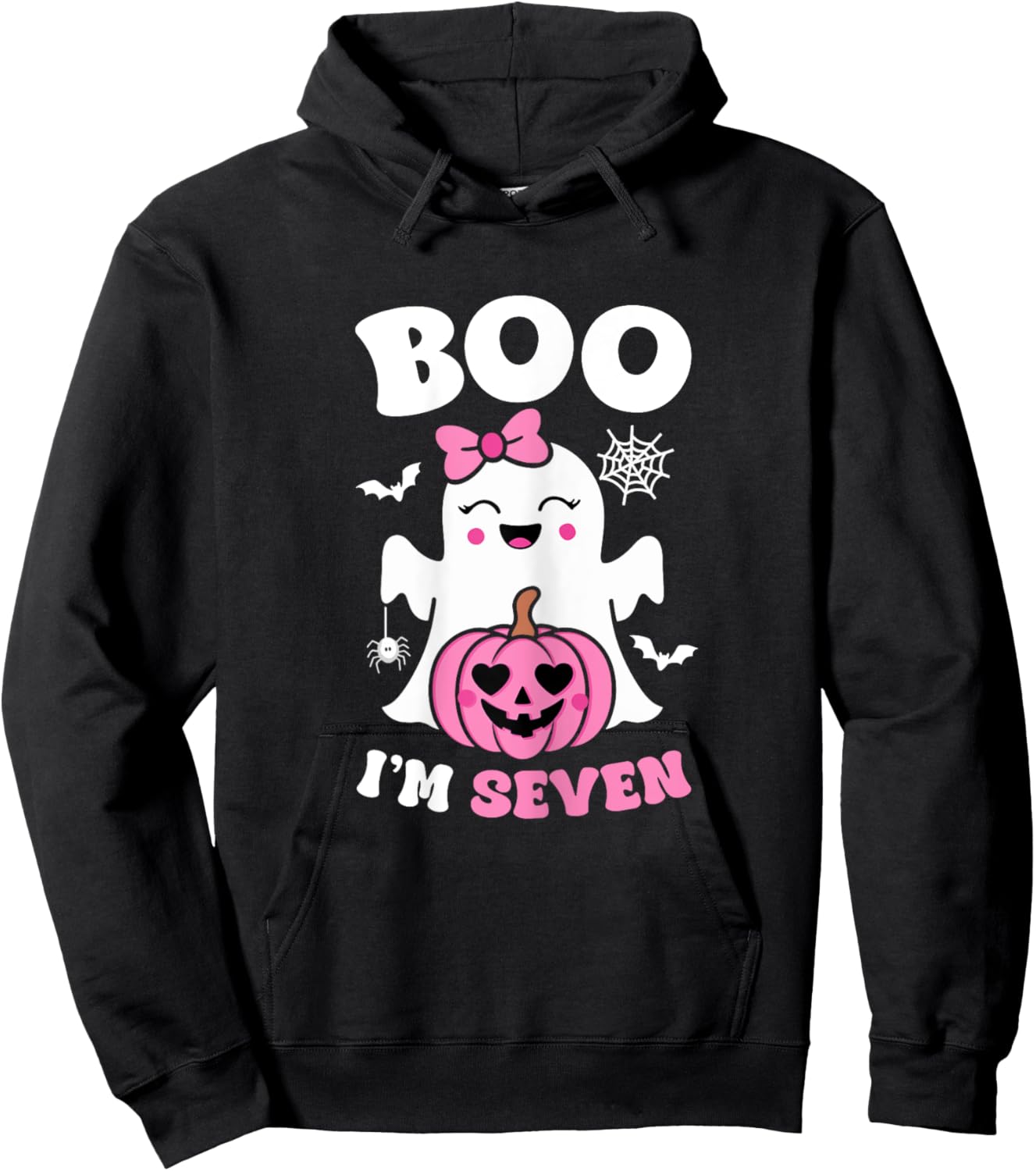 Ghost Boo I'm Seven Year 7th Birthday Girls Halloween Groovy Hoodie - Hoodie | Black