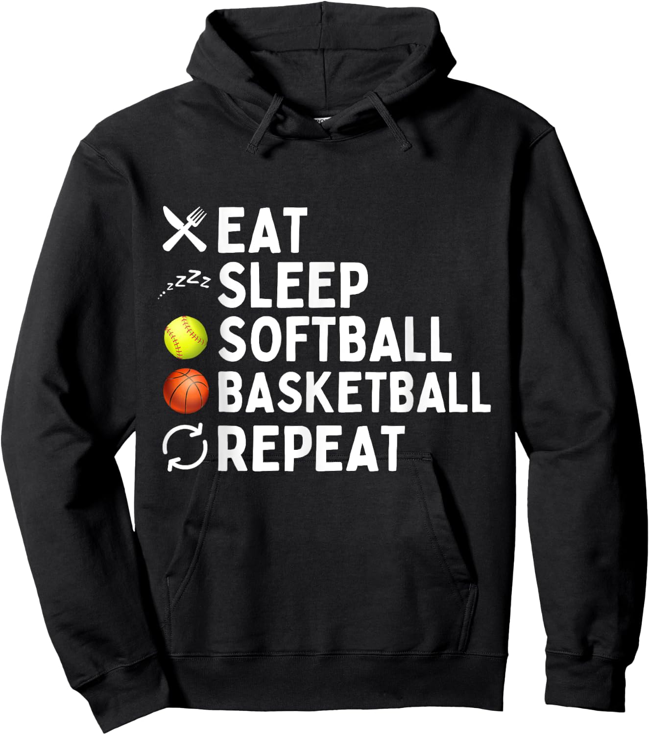 Eat Sleep Softball Basketball Repeat Funny Softball Hoodie - Hoodie | Black