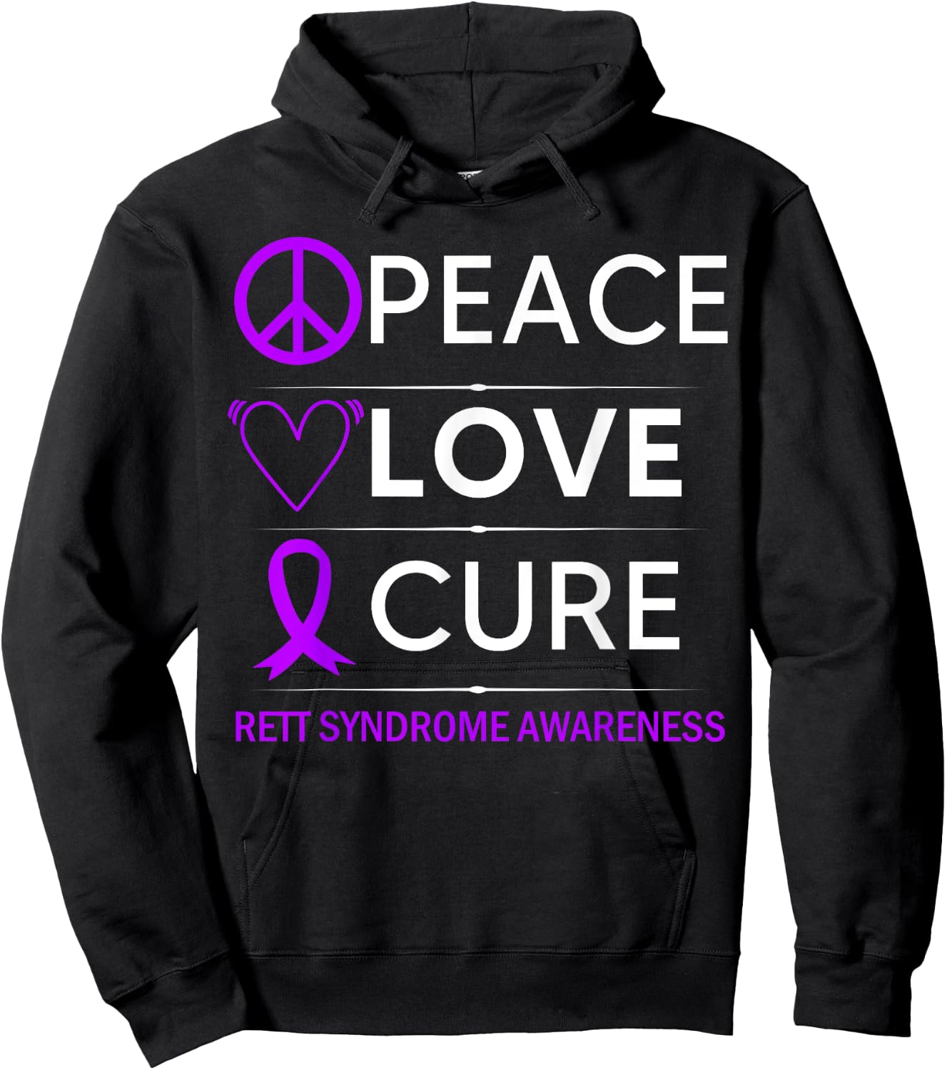 Rett Syndrome Awareness Peace Love Cure Purple Ribbon Hoodie - Hoodie | Black