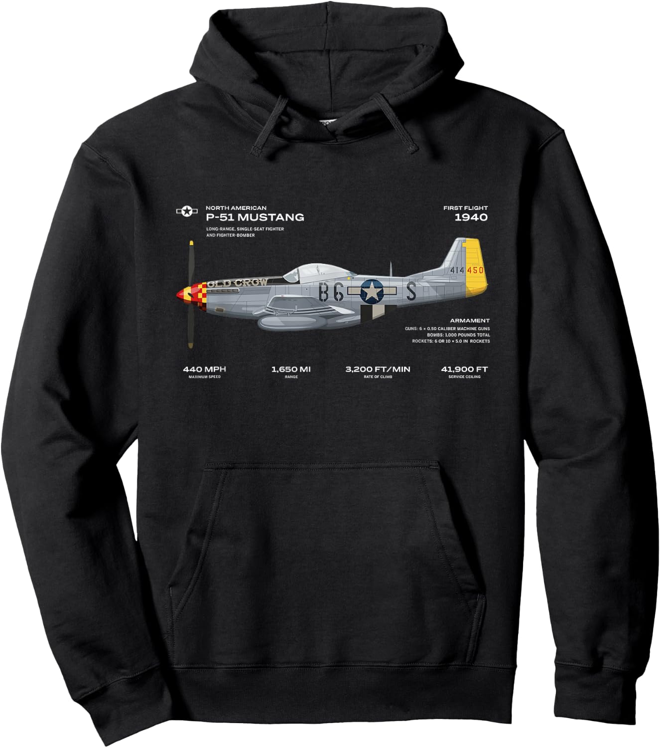 P-51 Mustang WWII Aeroplane Historical Warbird Fighter Hoodie - Hoodie | Black