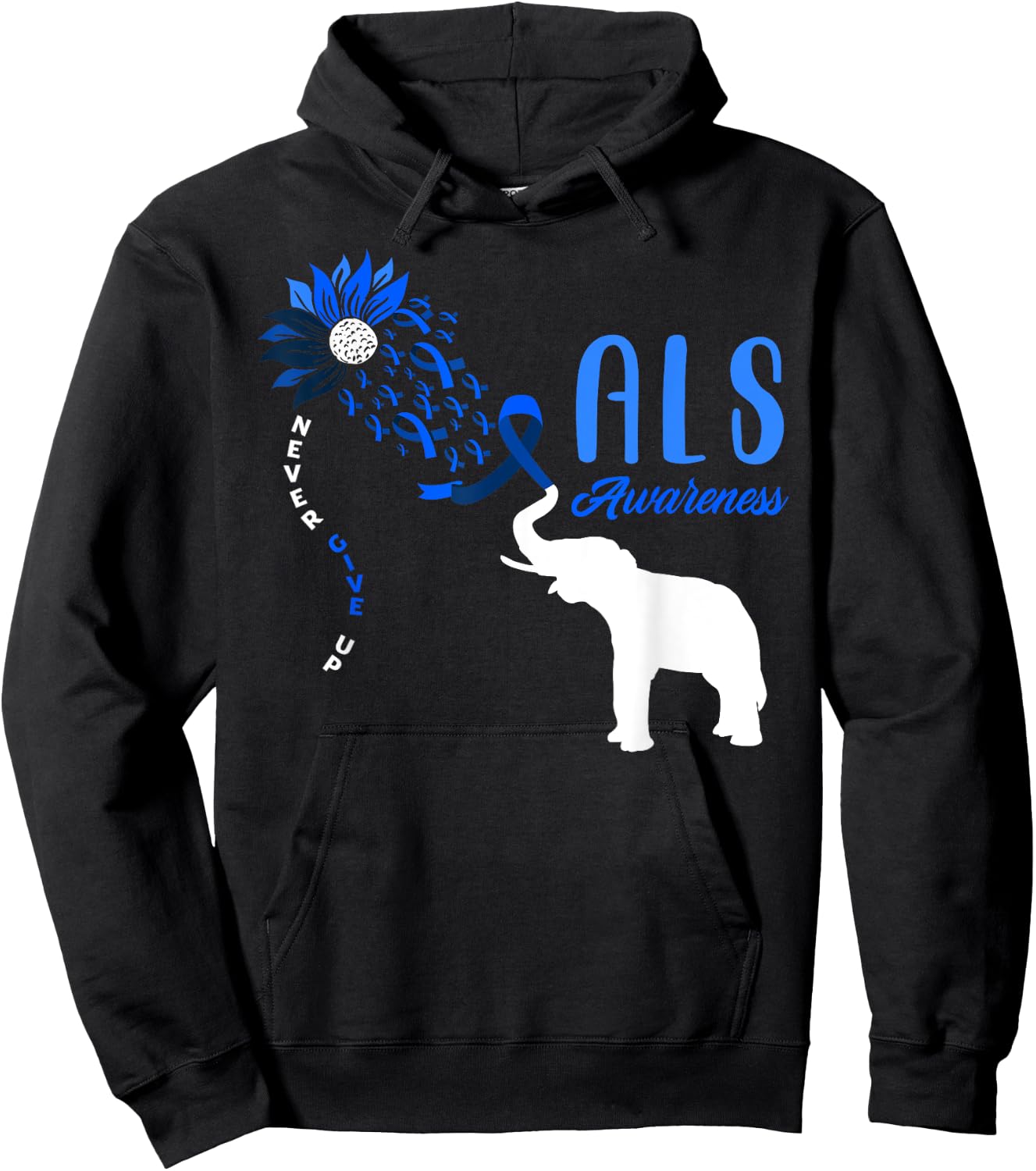 Blue Ribbon Elephant ALS Warrior Support ALS Awareness Hoodie - Hoodie | Black