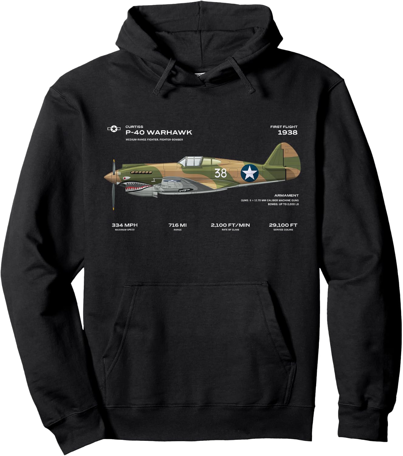 P-40 Warhawk US WWII Airplane Historic War Bird Fighter bomb Hoodie - Hoodie | Black