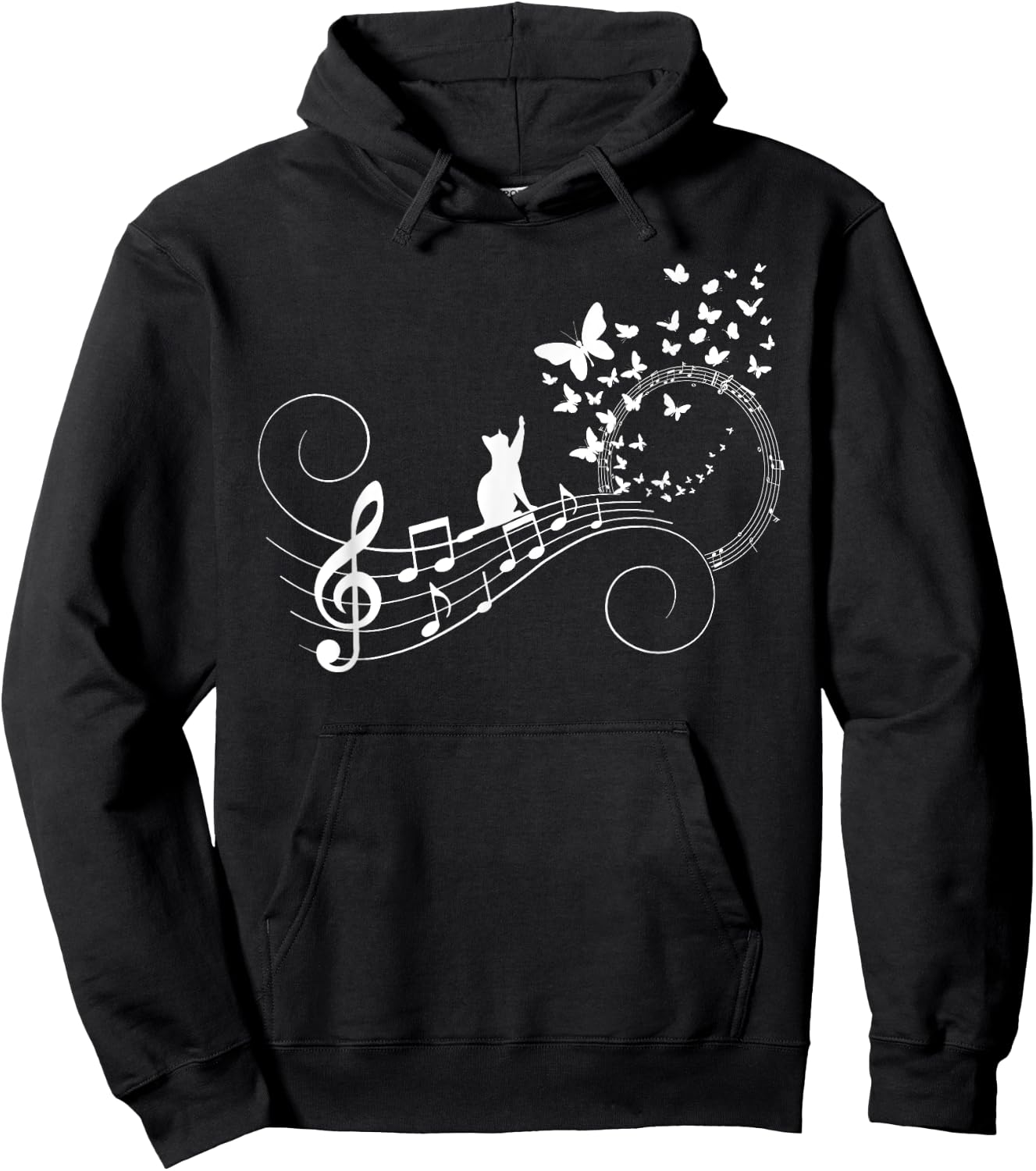 Funny Treble Clef Instrument Music Notes Butterflies Kitty Hoodie - Hoodie | Black