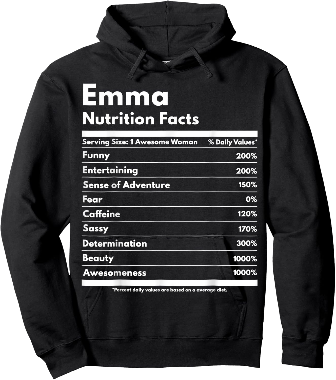 That's My Name Co. Emma Nutrition Facts Gift Funny Personalized Name Emma Black Cotton Polyester Modern Lace Letter Print Short Sleeve Classic Fit Hoodie - Hoodie | Black