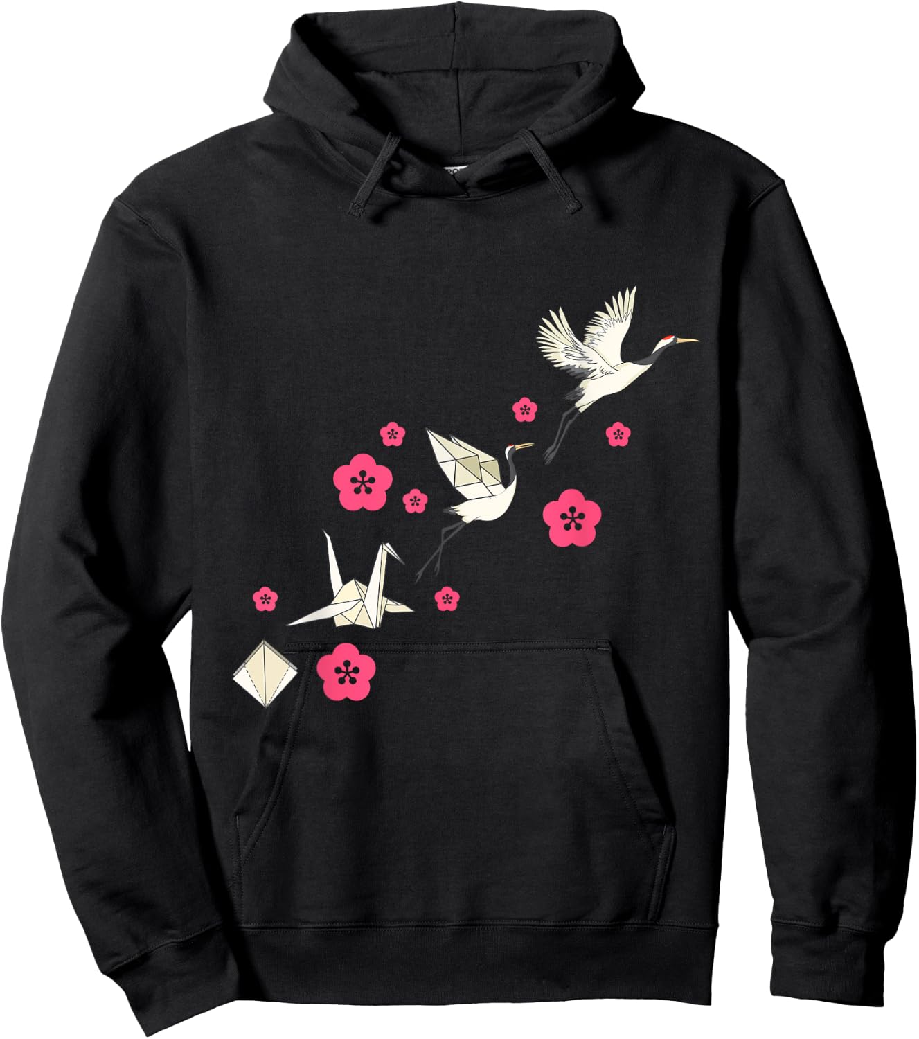 Common Crane Flowers Origami Bird Lover Nature Cute Birdie Hoodie - Hoodie | Black