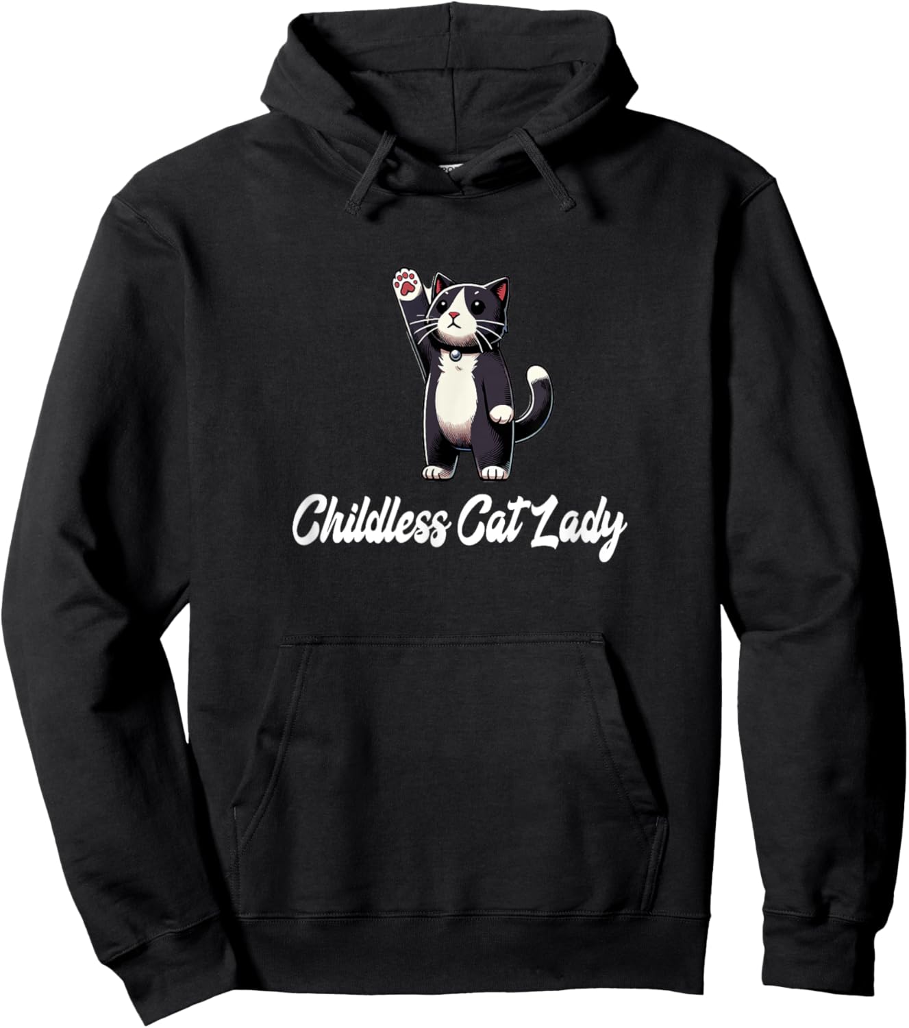 Childless Cat Lady -Tuxedo Cat Raising Paw- Funny Cute Hoodie - Hoodie | Black