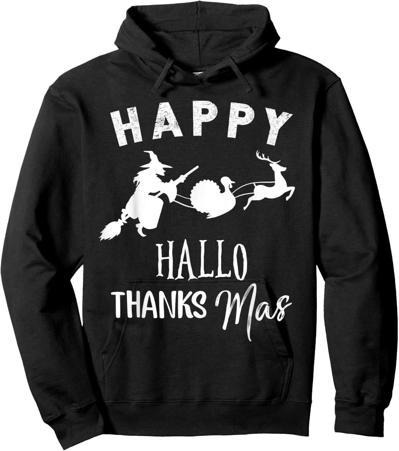 Happy Hallothanksmas Halloween Witch Thanksgiving Turkey Hoodie - Hoodie | Black
