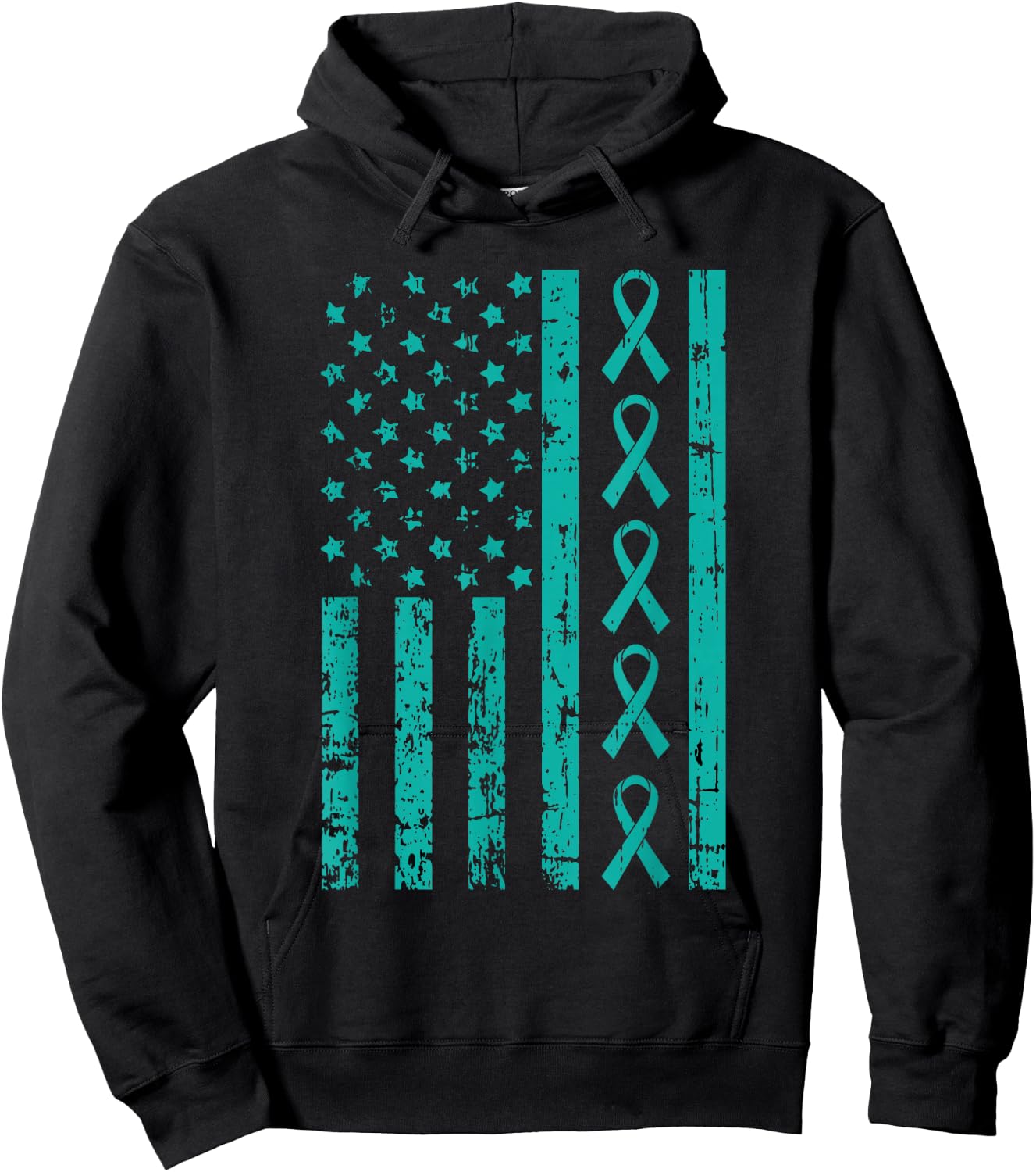 American Flag Teal Ribbon Cool Ovarian Cancer Awareness Gift Hoodie - Hoodie | Black