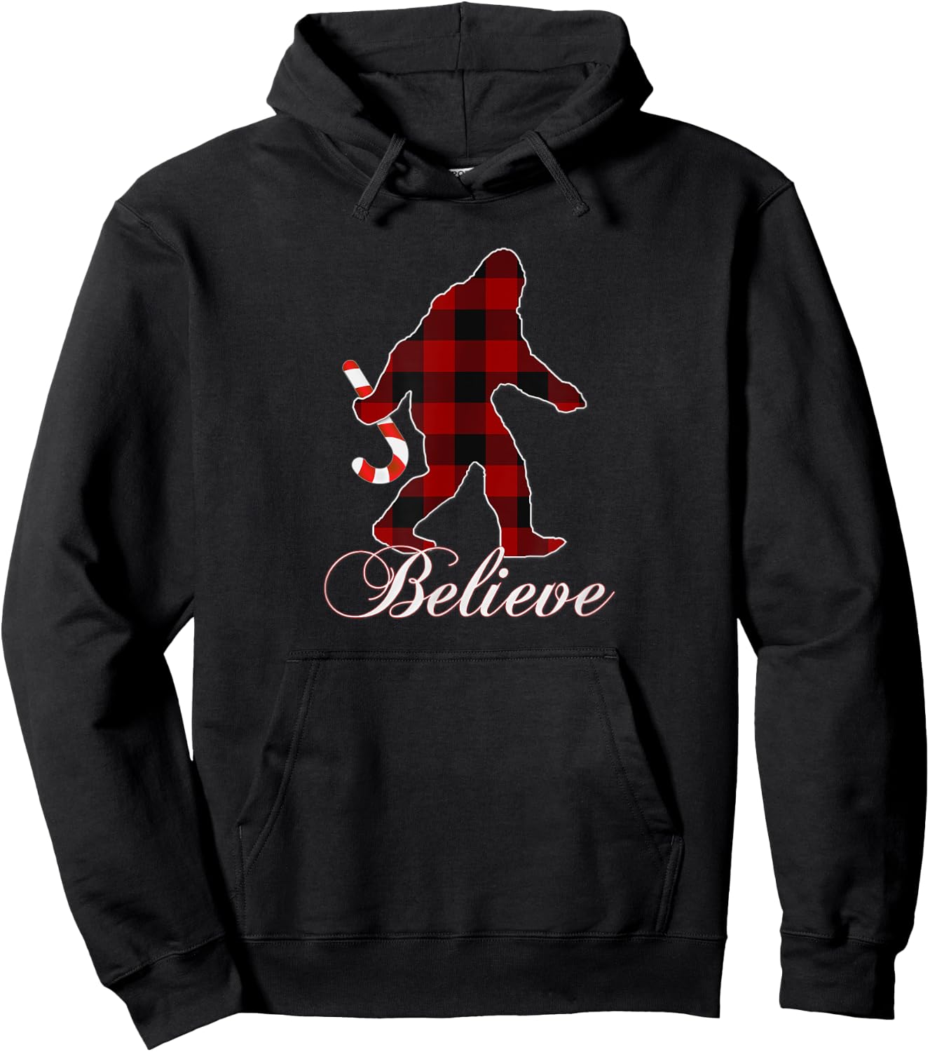 Bigfoot Buffalo Plaid Believe Candy Cane Christmas Pajamas Hoodie - Hoodie | Black