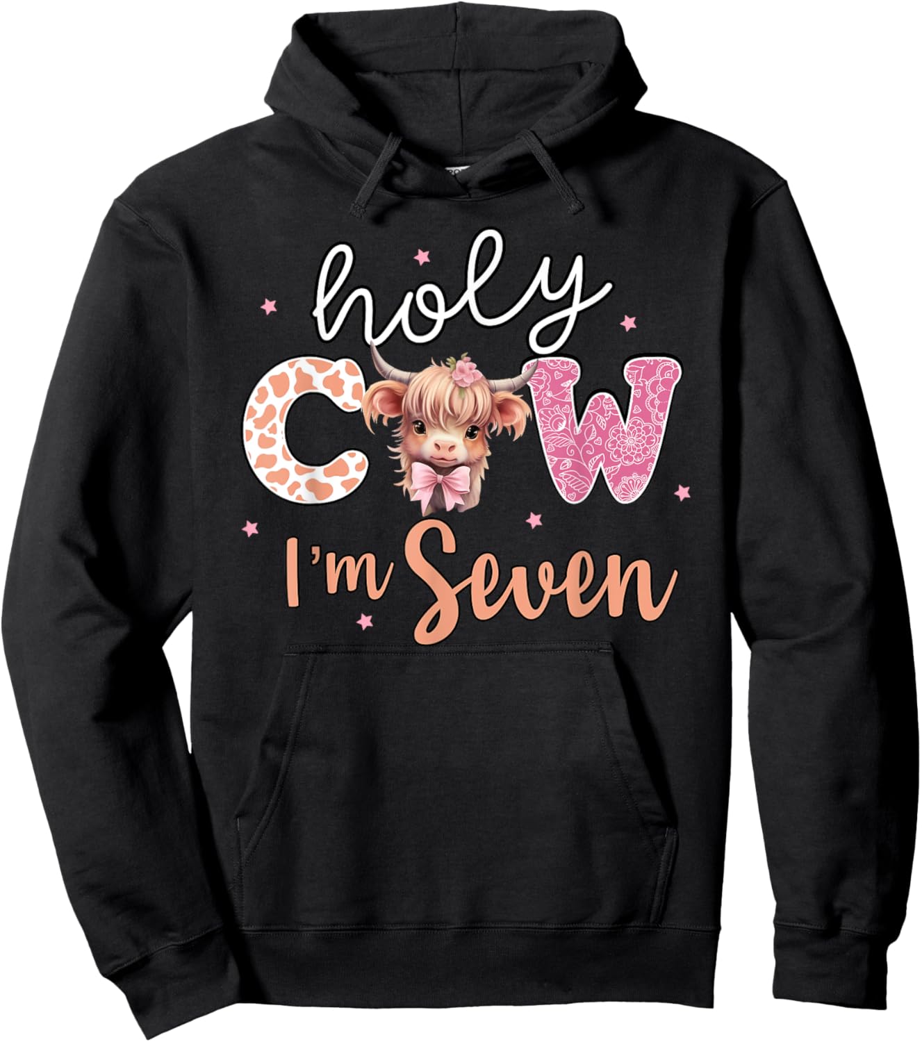 7th Birthday Shirt For Girls 7 Year Old Highland Cow Print Hoodie - Hoodie | Black