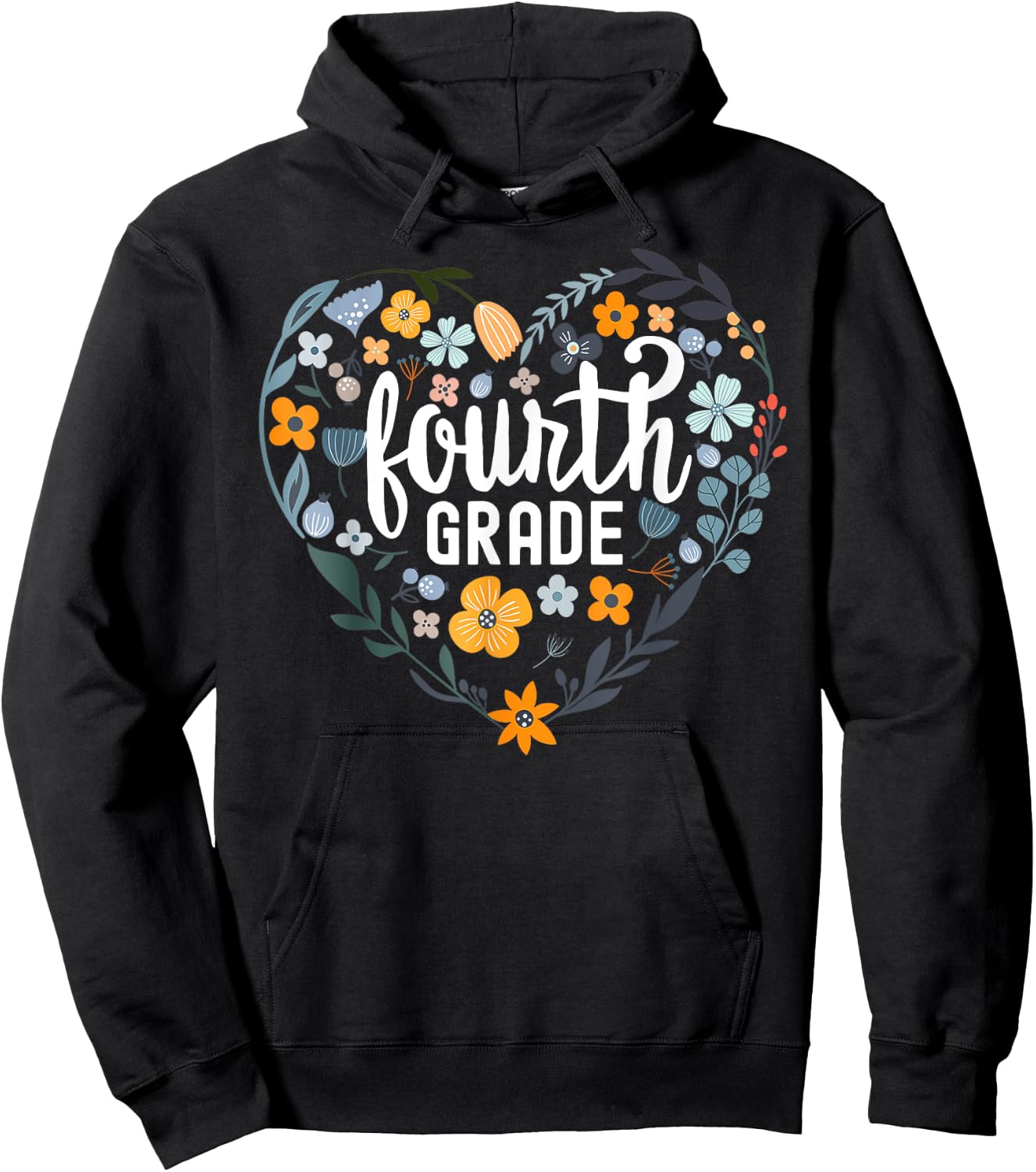 Fourth 4th Grade Floral Heart Back To School Wildflower Girl Hoodie - Hoodie | Black