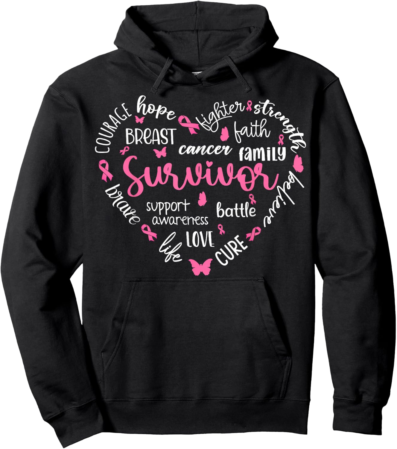 Pink Ribbon Heart Breast Cancer Awareness Survivor Warrior Hoodie - Hoodie | Black