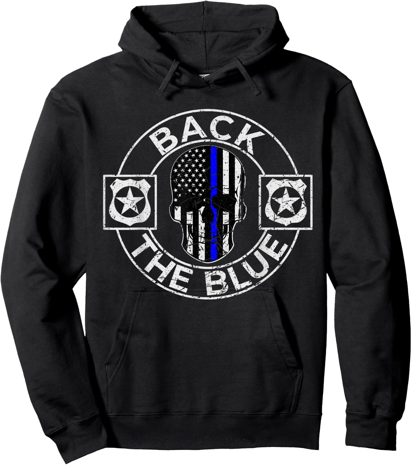 Back The Blue Thin Line Distressed American Flag Skull Hoodie - Hoodie | Black