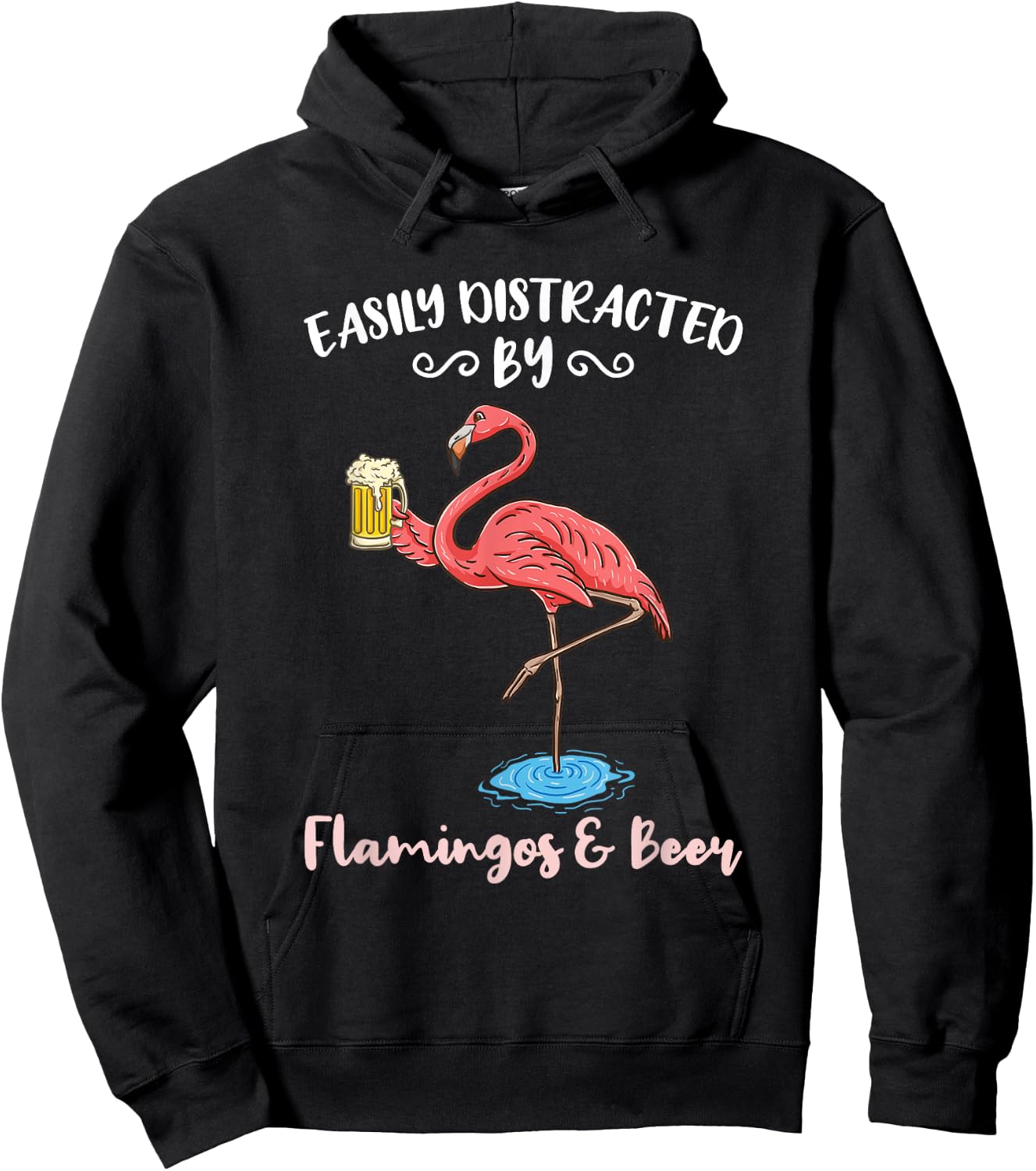Easily Distracted By Flamingos And Beer Hoodie - Hoodie | Black