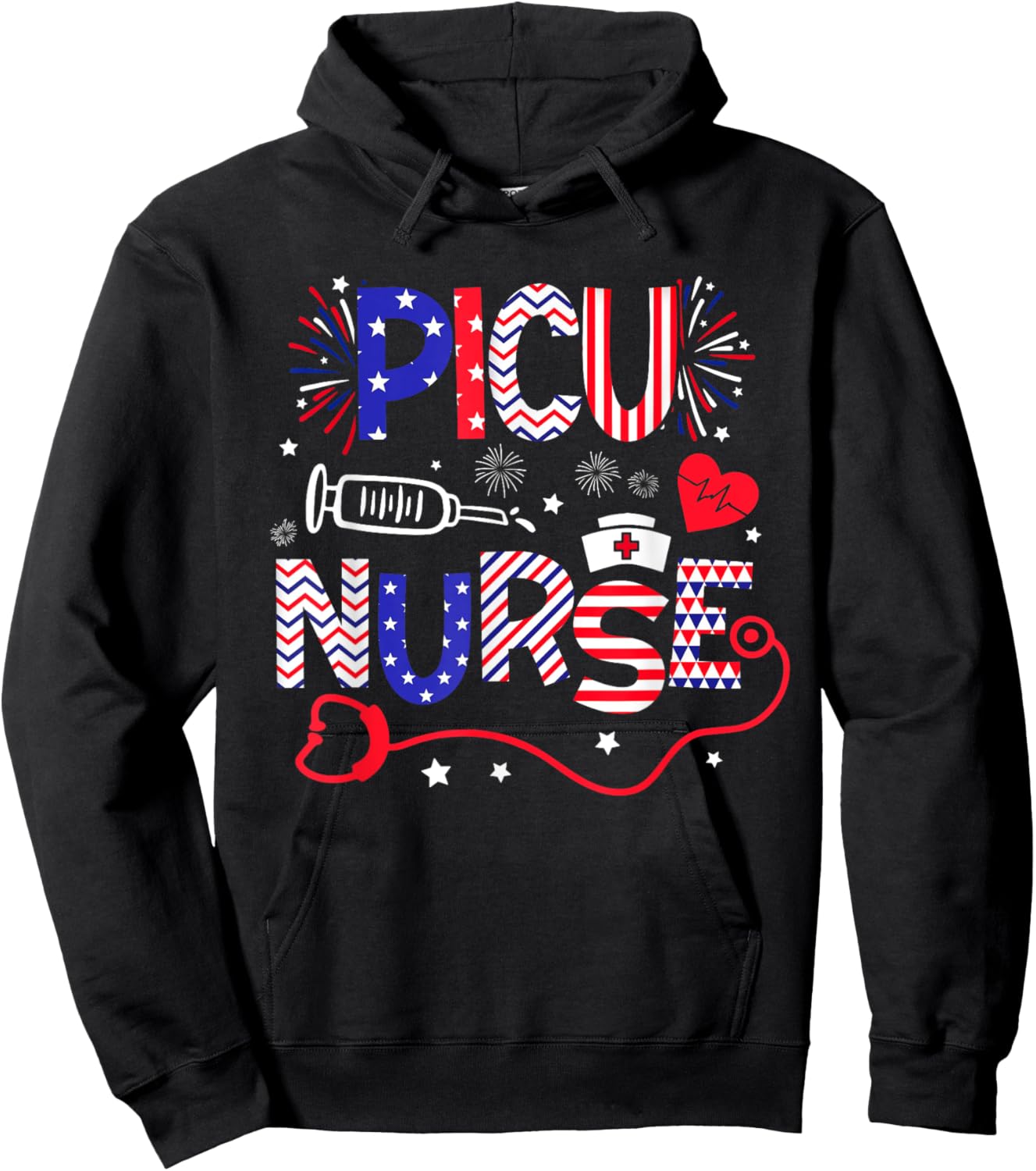 PICU Nurse 4th Of July Patriotic American Flag Stethoscope Hoodie - Hoodie | Black