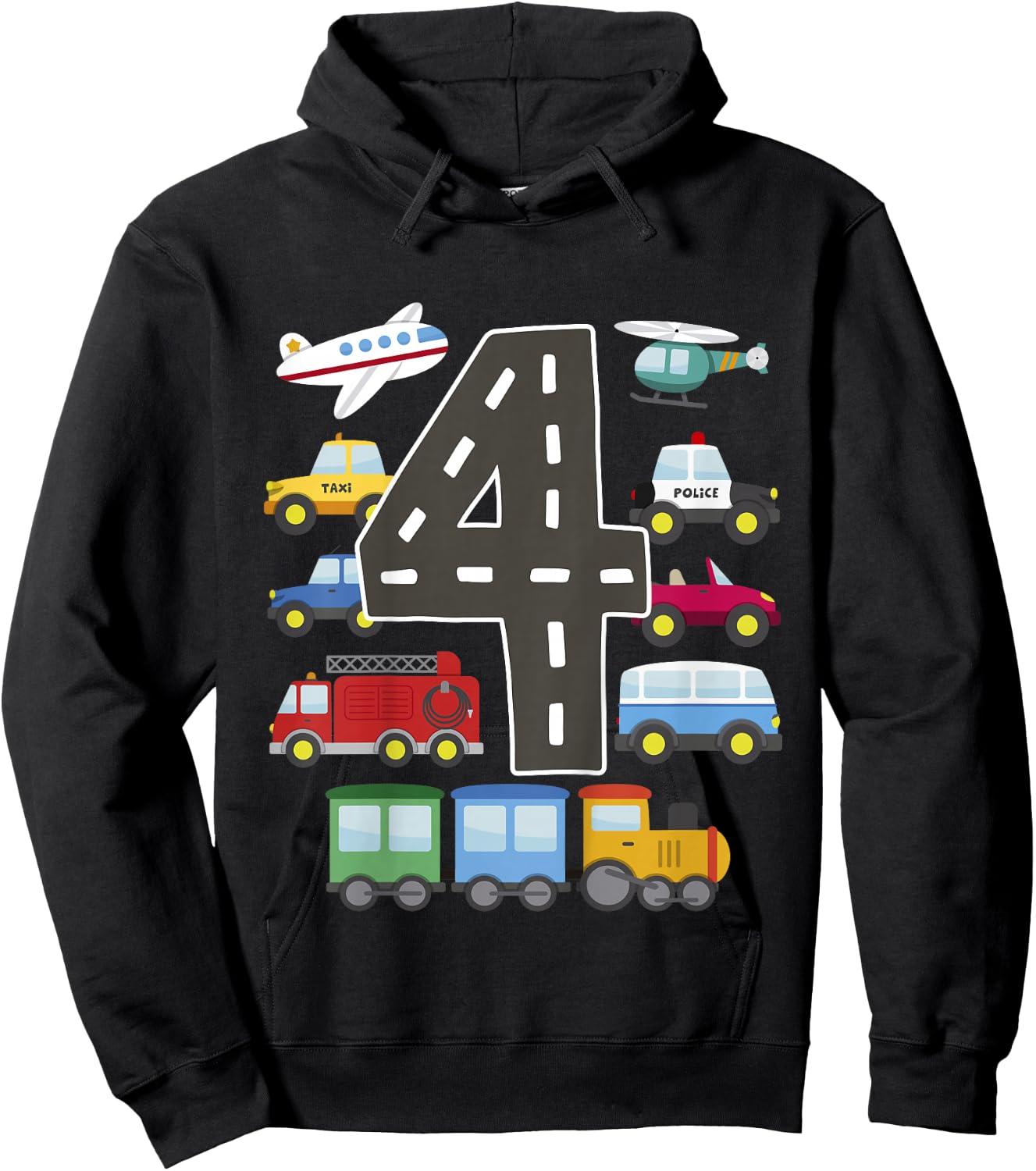 4 Year Old Transportation Birthday Car Train Plane 4th Gift Hoodie - Hoodie | Black